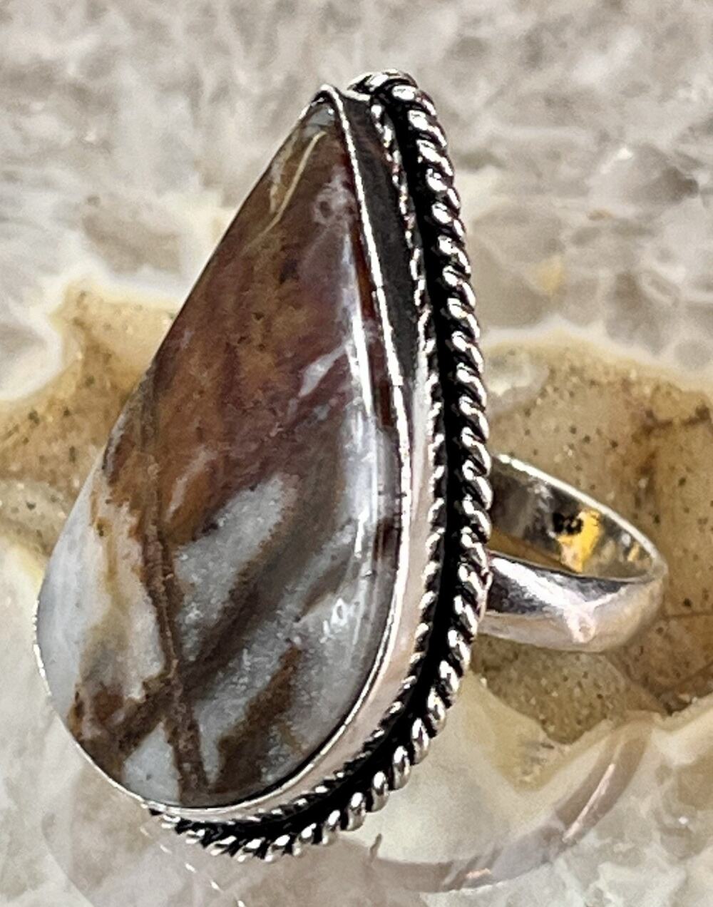 Dendritic Jasper Silver Plated Handmade Southwestern Statement Ring Size 8